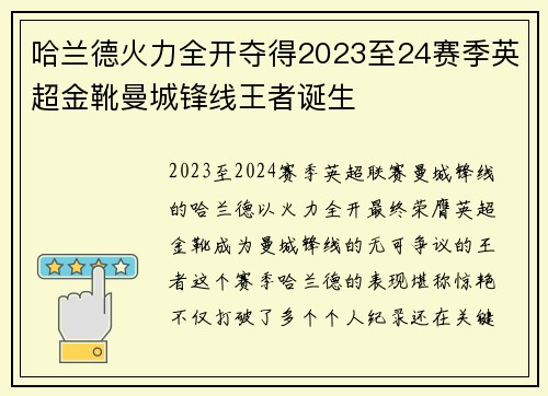 哈兰德火力全开夺得2023至24赛季英超金靴曼城锋线王者诞生